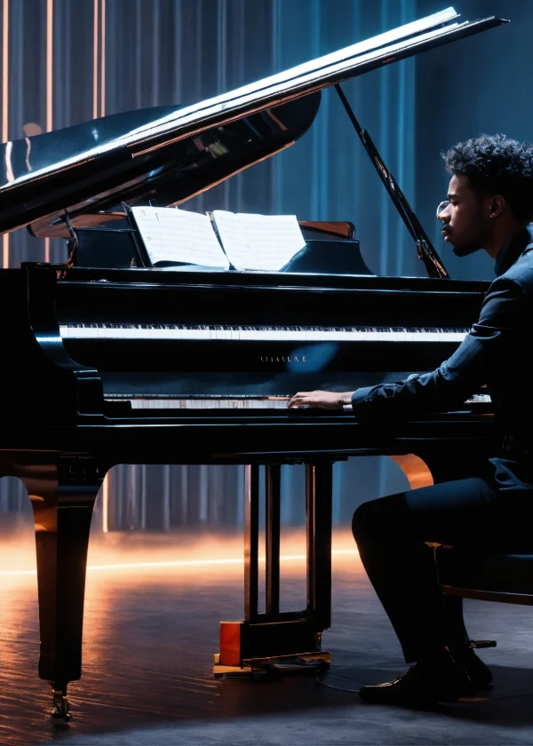 Homme capuché habillé en noir qui fait du piano da